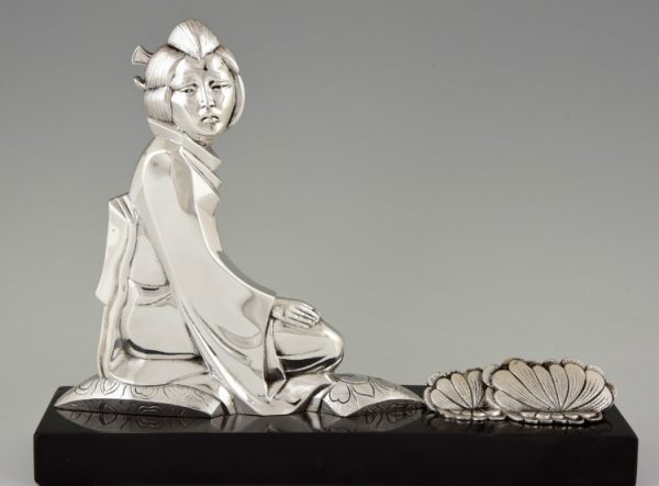Art Deco silvered bronze Oriental lady with lotus flowers