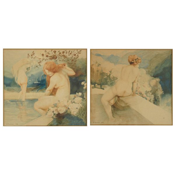 Paire d’Aquarelles Art Nouveau femmes nues