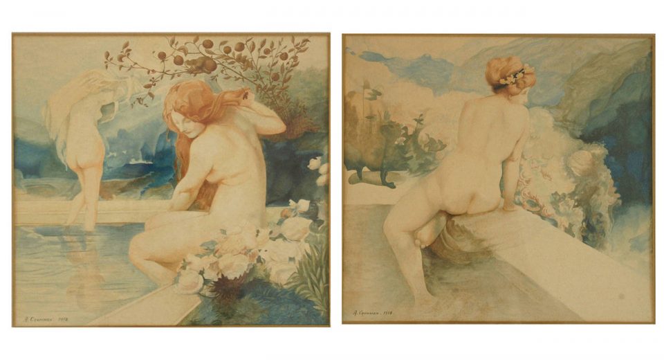 A Pair of Art Nouveau watercolor paintings with nudes