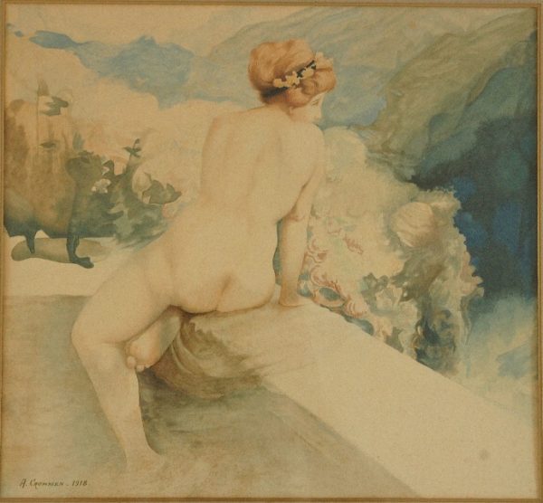 A Pair of Art Nouveau watercolor paintings with nudes