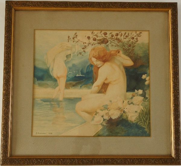 A Pair of Art Nouveau watercolor paintings with nudes