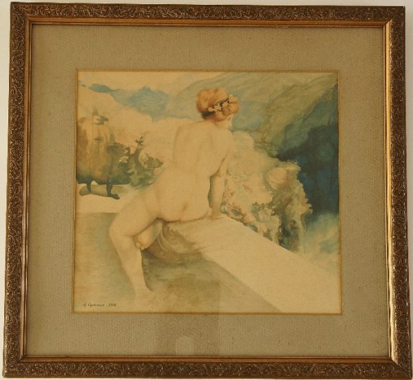 A Pair of Art Nouveau watercolor paintings with nudes