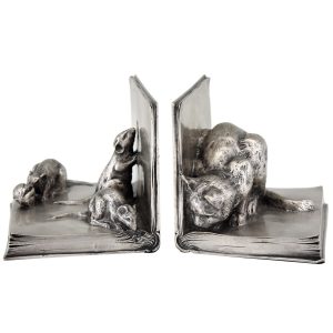 Art Deco bronze bookends, cat and mice on books