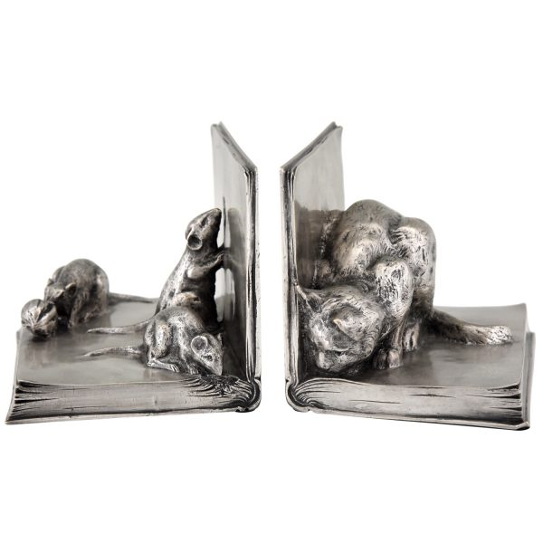 Serre-livres Art Deco en bronze, chat et souris sur livres