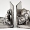 Art Deco bronze bookends, cat and mice on books