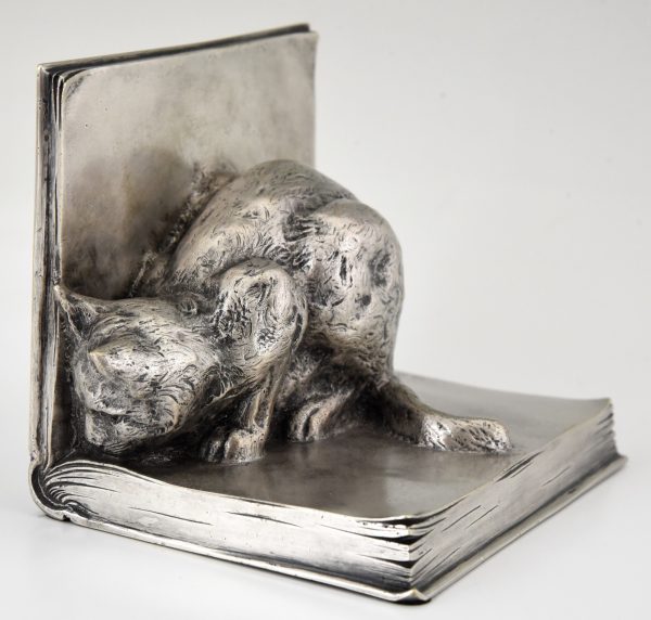 Serre-livres Art Deco en bronze, chat et souris sur livres