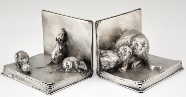 Serre-livres Art Deco en bronze, chat et souris sur livres