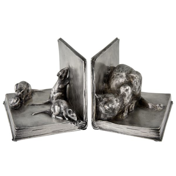 Serre livres en bronze Art Deco chat et souris sur livre