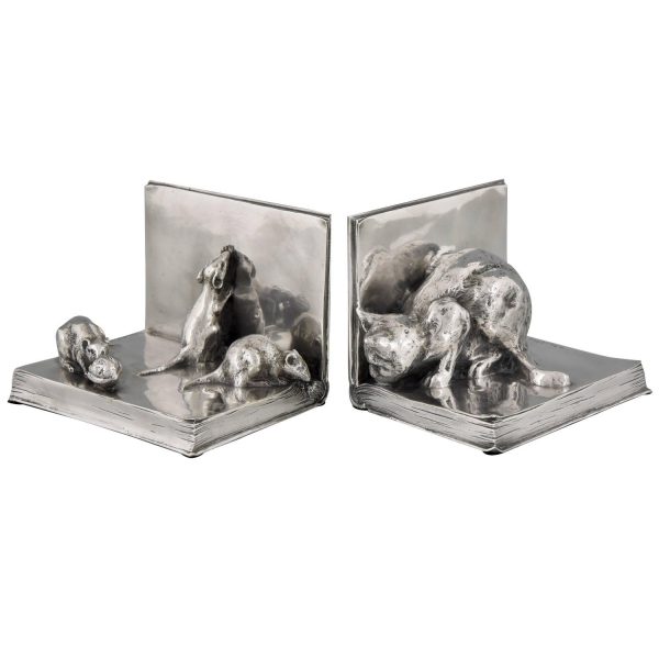 Art Deco silvered bronze cat & mouse bookends