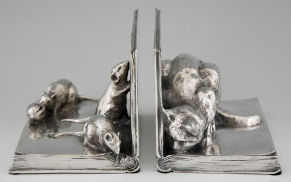 Art Deco silvered bronze cat & mouse bookends