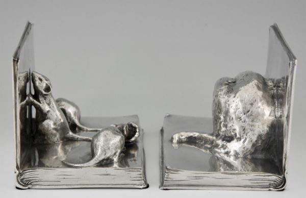 Art Deco silvered bronze cat & mouse bookends