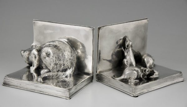 Art Deco silvered bronze cat & mouse bookends