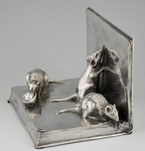 Art Deco silvered bronze cat & mouse bookends