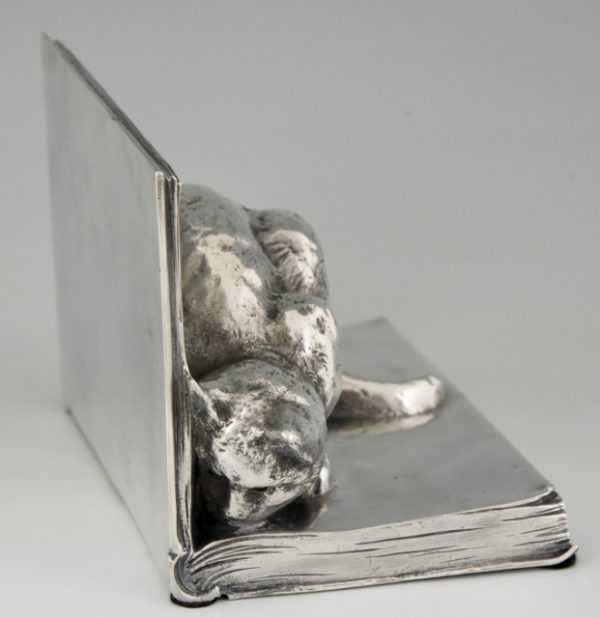 Serre livres bronze argenté Art Deco chat et souris