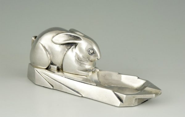 Art Deco silvered bronze ashtray with rabbit.