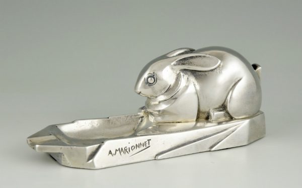 Art Deco silvered bronze ashtray with rabbit.