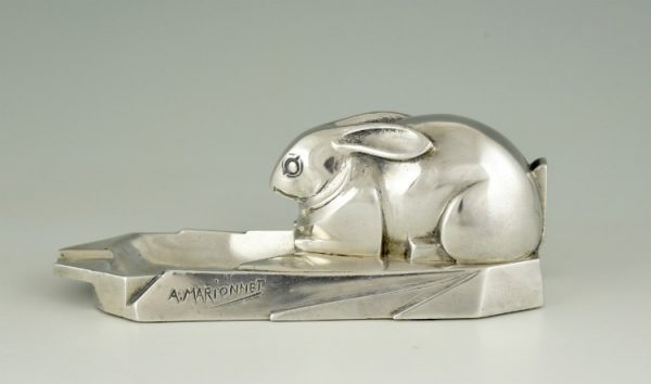 Art Deco silvered bronze ashtray with rabbit.