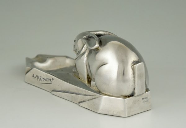 Art Deco silvered bronze ashtray with rabbit.