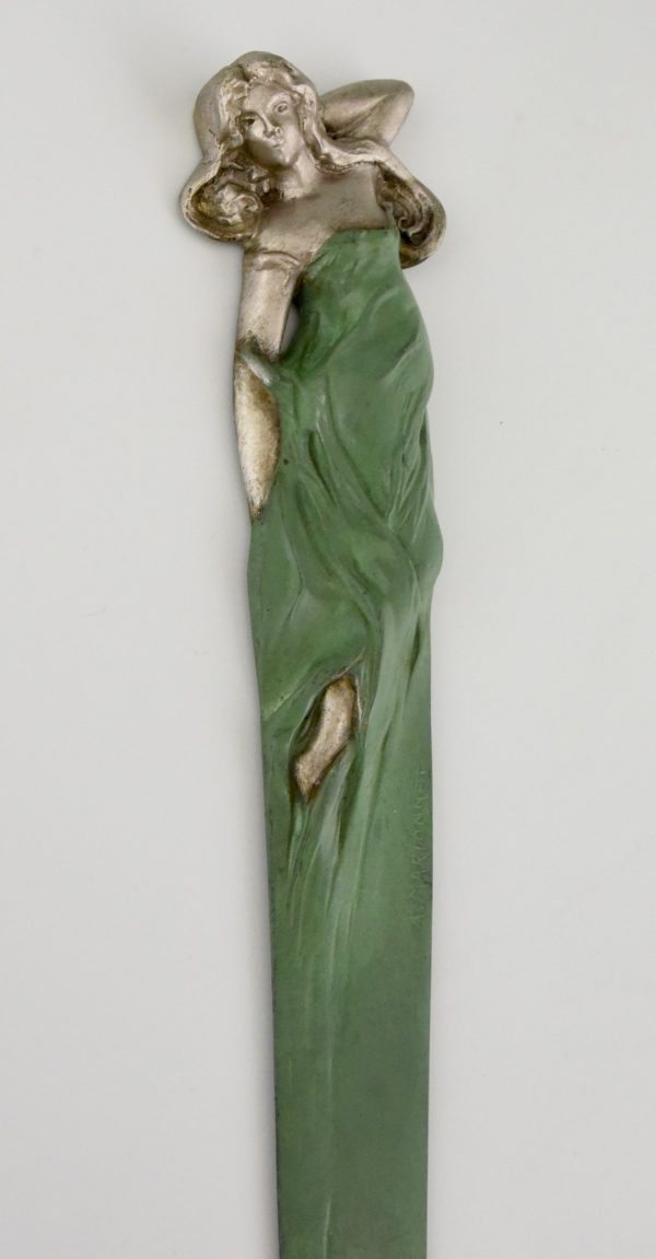 Art Nouveau bronze bookmark letteropener with lady