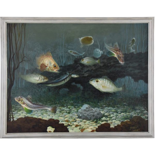 Art Deco painting of fish on the bottom of the sea