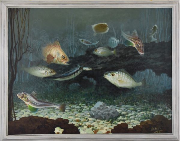 Art Deco painting of fish on the bottom of the sea