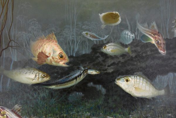 Art Deco painting of fish on the bottom of the sea