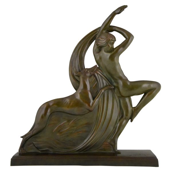 Art Deco bronze sculpture dancing nude with borzoi dog