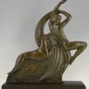 Art Deco bronzen sculptuur dansend naakt met barzoi hond