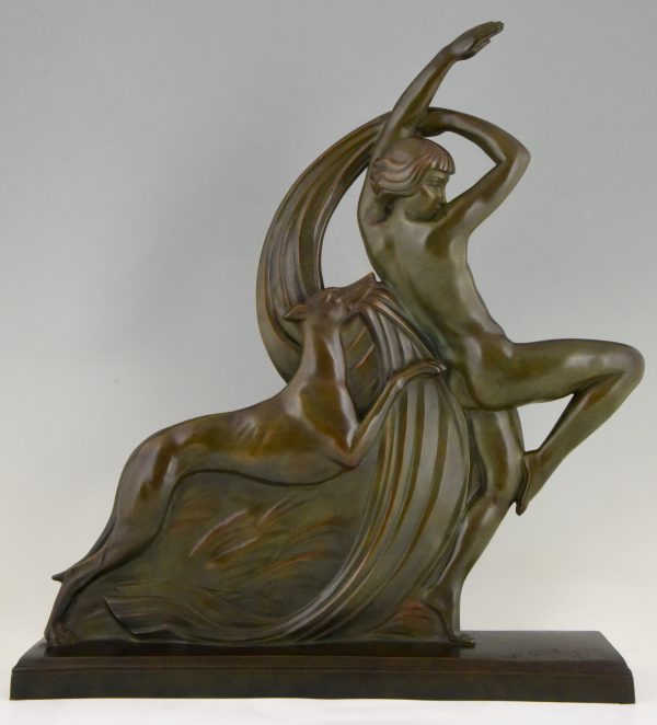 Art Deco bronze sculpture dancing nude with borzoi dog