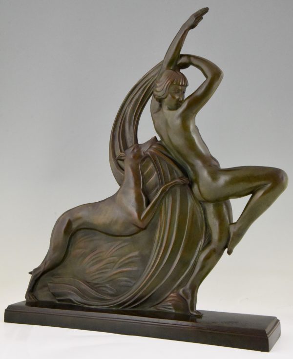 Art Deco bronzen sculptuur dansend naakt met barzoi hond