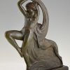 Art Deco bronzen sculptuur dansend naakt met barzoi hond