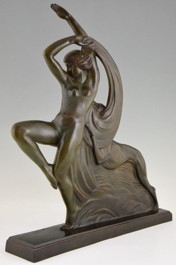 Art Deco bronze sculpture dancing nude with borzoi dog