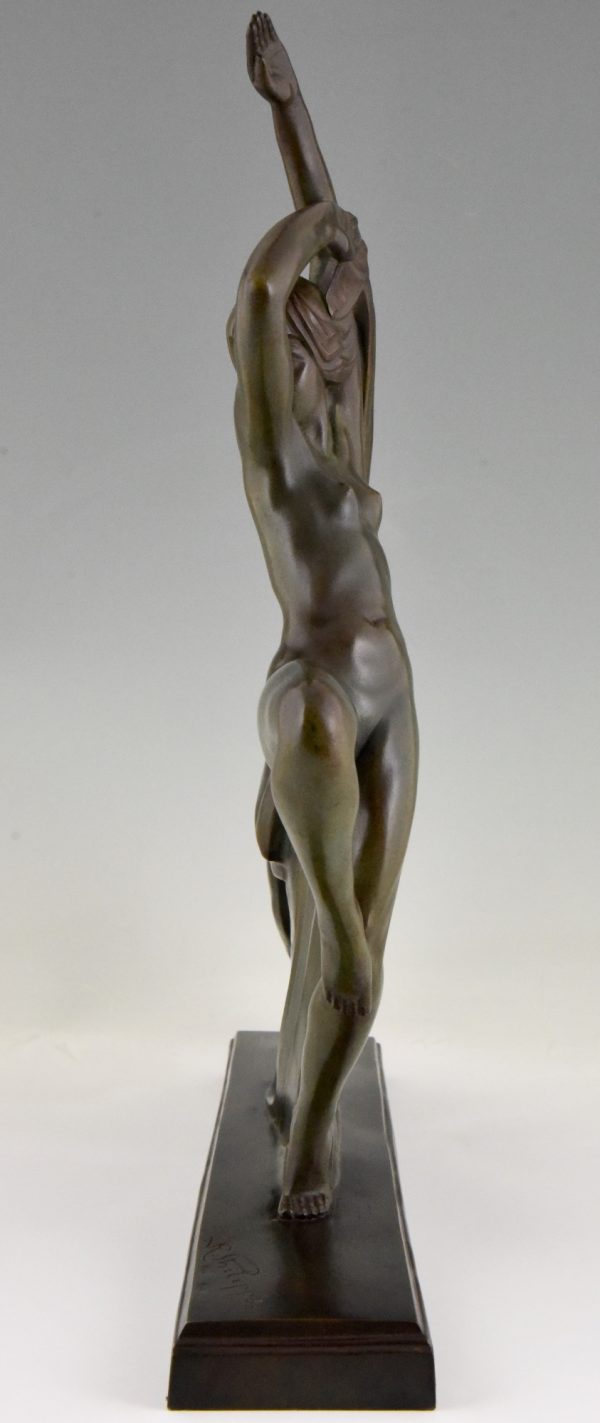 Art Deco bronze sculpture dancing nude with borzoi dog