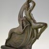 Art Deco bronzen sculptuur dansend naakt met barzoi hond