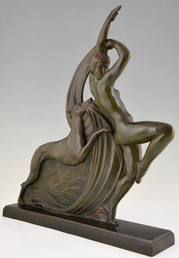 Art Deco bronze sculpture dancing nude with borzoi dog