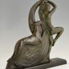 Art Deco bronzen sculptuur dansend naakt met barzoi hond