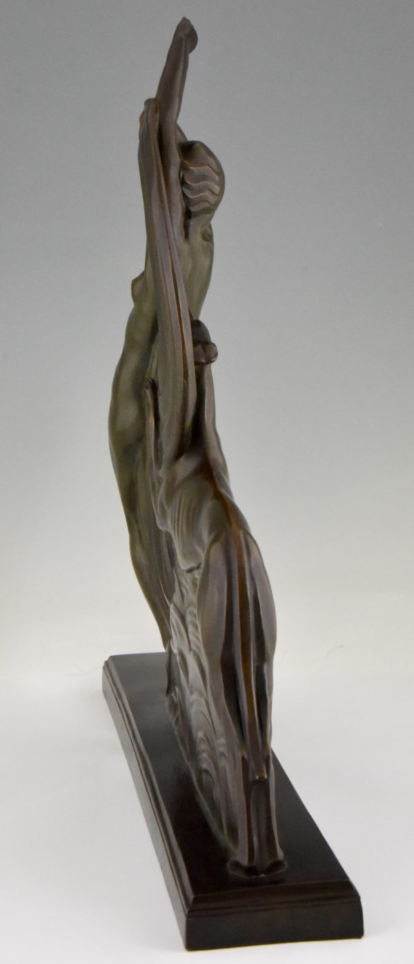Art Deco bronze sculpture dancing nude with borzoi dog