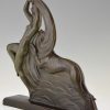 Art Deco bronzen sculptuur dansend naakt met barzoi hond