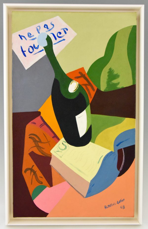 Painting colorful still life with bottle “ne pas toucher”