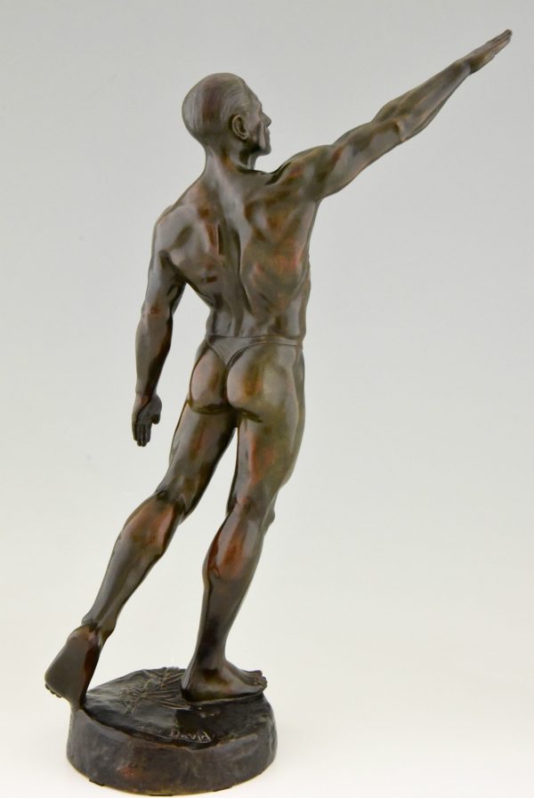 Olympic Salute, bronze Art deco sculpture male nude athlete.