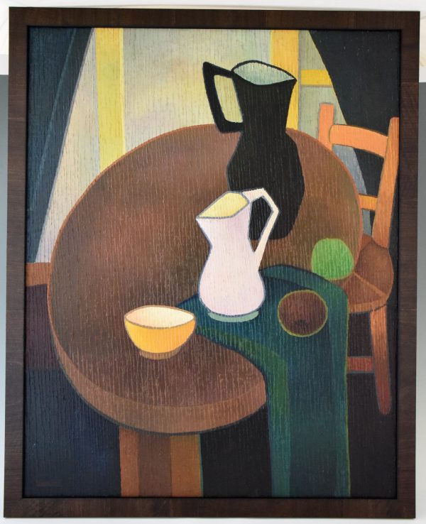 Mid Century painting interior still life with jugs