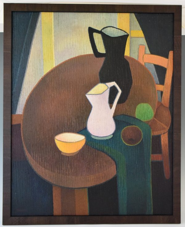 Mid Century painting interior still life with jugs