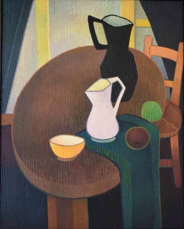 Mid Century painting interior still life with jugs