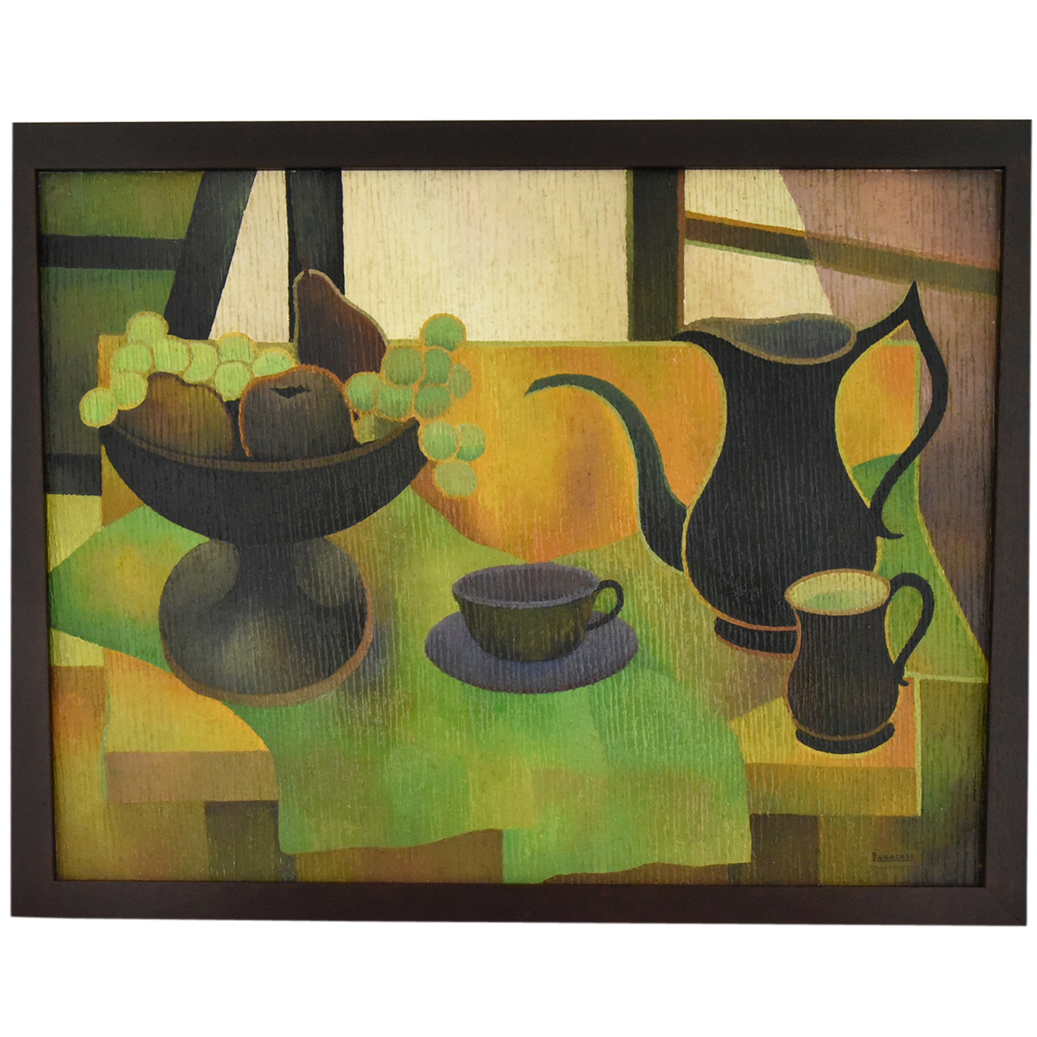Mid Century painting still life with black coffeepot and fruit