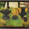 Mid Century painting still life with black coffeepot and fruit