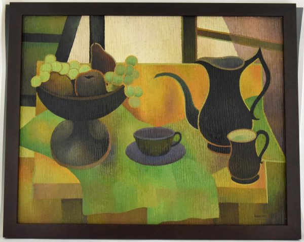 Mid Century painting still life with black coffeepot and fruit