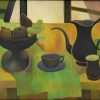 Mid Century painting still life with black coffeepot and fruit