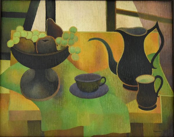 Mid Century painting still life with black coffeepot and fruit