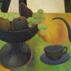 Mid Century painting still life with black coffeepot and fruit