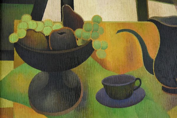 Mid Century painting still life with black coffeepot and fruit